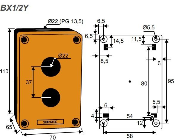 Caixa Plástica Amarela BX1/2Y - 2 Furos 22mm